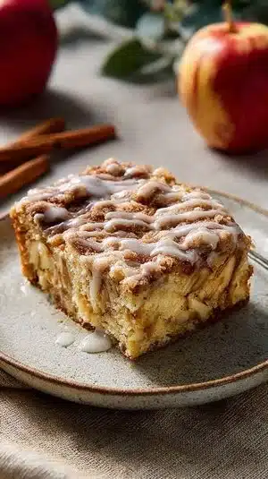 Delicious homemade apple cinnamon cake with slices and a sprinkle of cinnamon