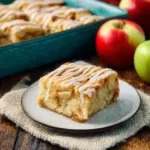 Slice of apple pie filling coffee cake with cinnamon topping on a plate