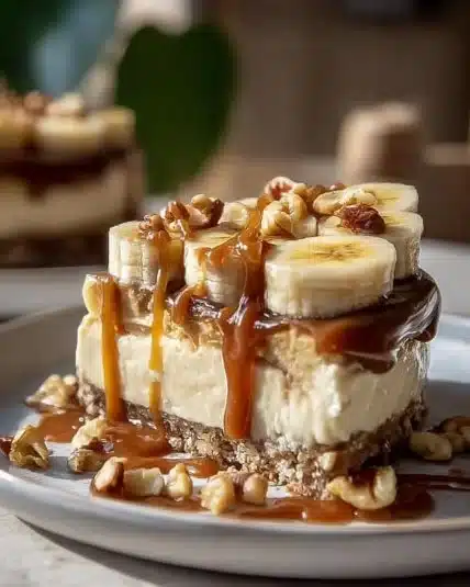 Delicious banana caramel nut cheesecake topped with nuts and drizzled caramel