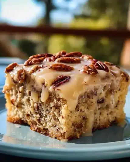 Delicious Butter Pecan Praline Poke Cake with creamy frosting and pecan topping