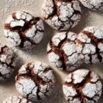 Plate of delicious homemade Chocolate Crinkle Cookies with powdered sugar