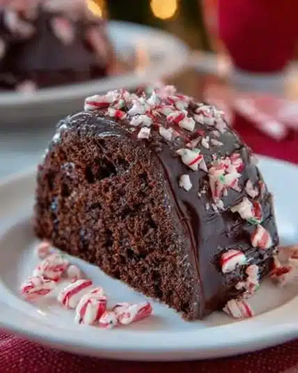 Delicious Chocolate Peppermint Crunch Bundt Cake with festive decorations
