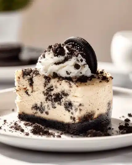 Delicious slice of creamy Oreo cheesecake garnished with Oreo cookies.