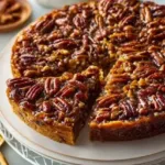 Gluten-free pecan upside down cake with caramelized pecans and fluffy texture.