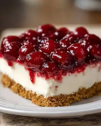 No-bake cherry cheesecake topped with fresh cherries and whipped cream