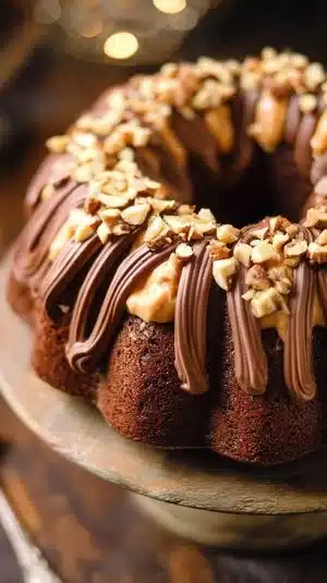 Decadent Nutella Bundt Cake topped with chocolate glaze and hazelnuts