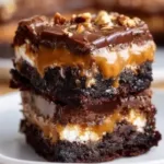 Decadent Snickers brownies topped with caramel and chocolate.