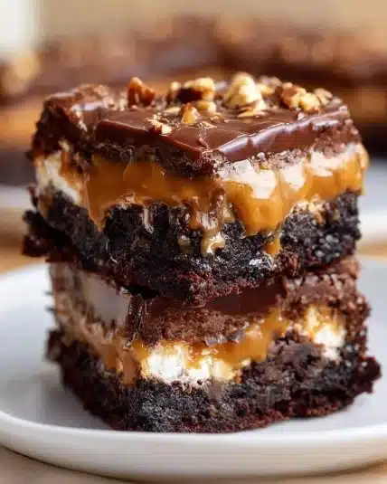 Decadent Snickers brownies topped with caramel and chocolate.