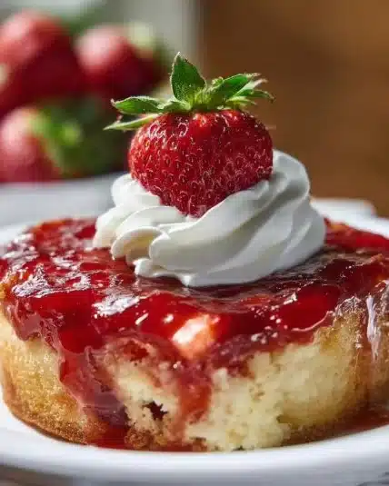 Delicious Strawberry Cheesecake Dump Cake with fresh strawberries and creamy layers