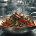 15-Minute Thin Sliced Beef Stir Fry Recipes cooking in a wok with steam rising