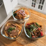 Healthy batch cooking meals with thin sliced beef, including rice bowls, pasta, and stir fry dishes