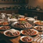Family dinner table with thin sliced beef dishes, rice, gravy, and vegetables in a cozy kitchen setting