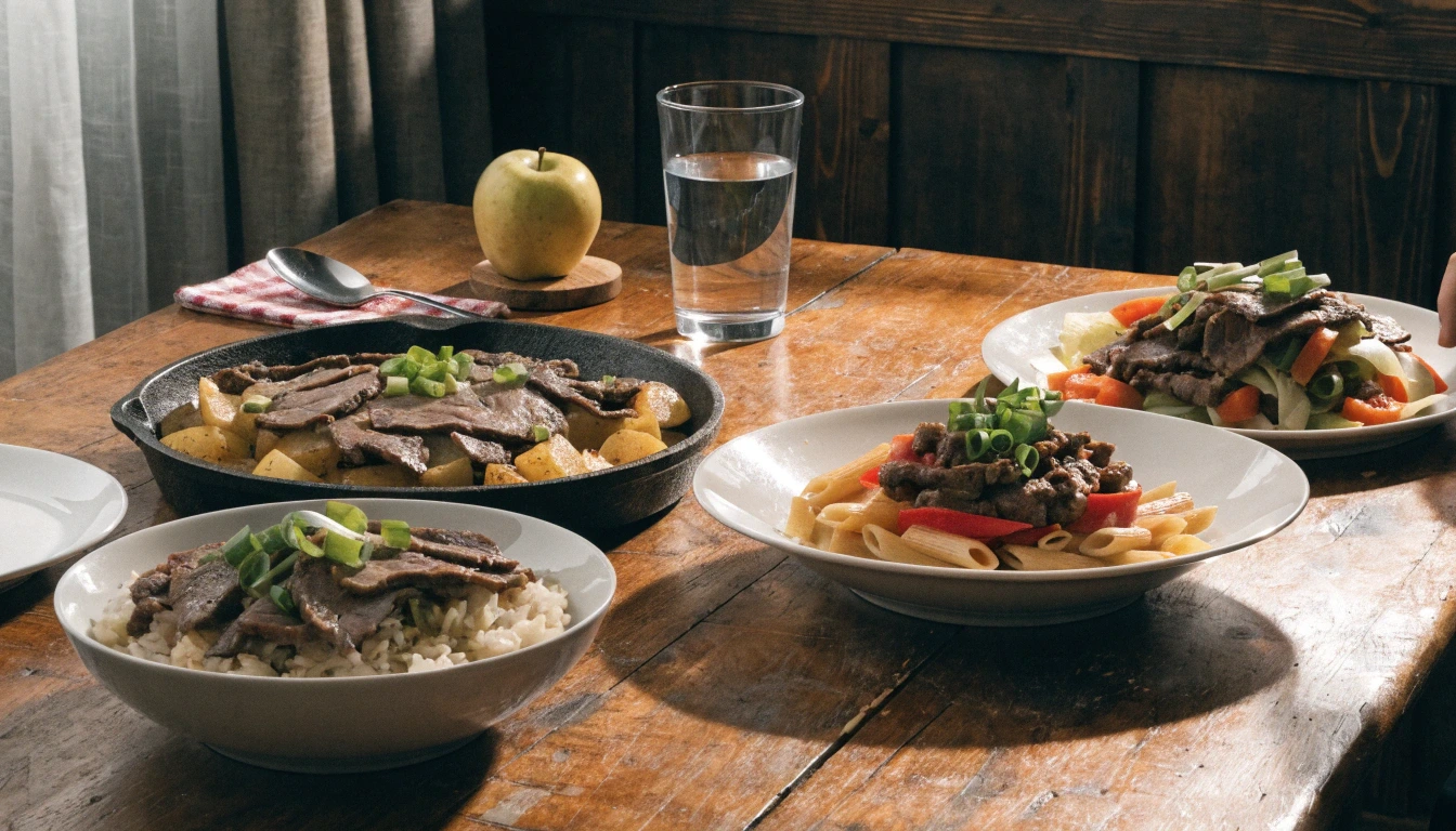Budget-friendly thin sliced beef meals for families including beef and rice, pasta, potato skillet, and vegetable stir fry