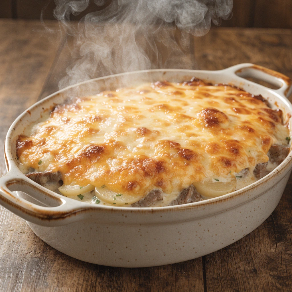 Cheesy beef and potato casserole with melted golden cheese and thin sliced beef in a baking dish