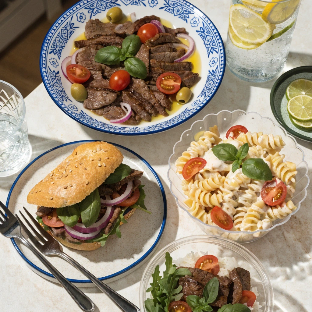 Cold thin sliced beef lunchbox ideas including beef salad, sandwich, pasta salad, and rice bowl meals