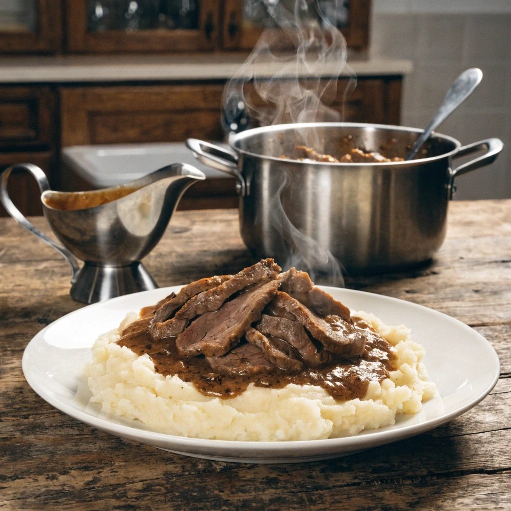 Thin sliced beef with brown gravy served over creamy mashed potatoes, comfort food dish