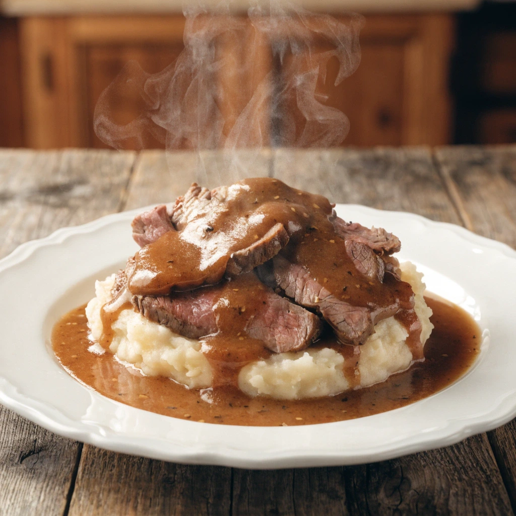 Thin sliced beef served over creamy mashed potatoes topped with rich brown gravy and steam rising on a rustic table