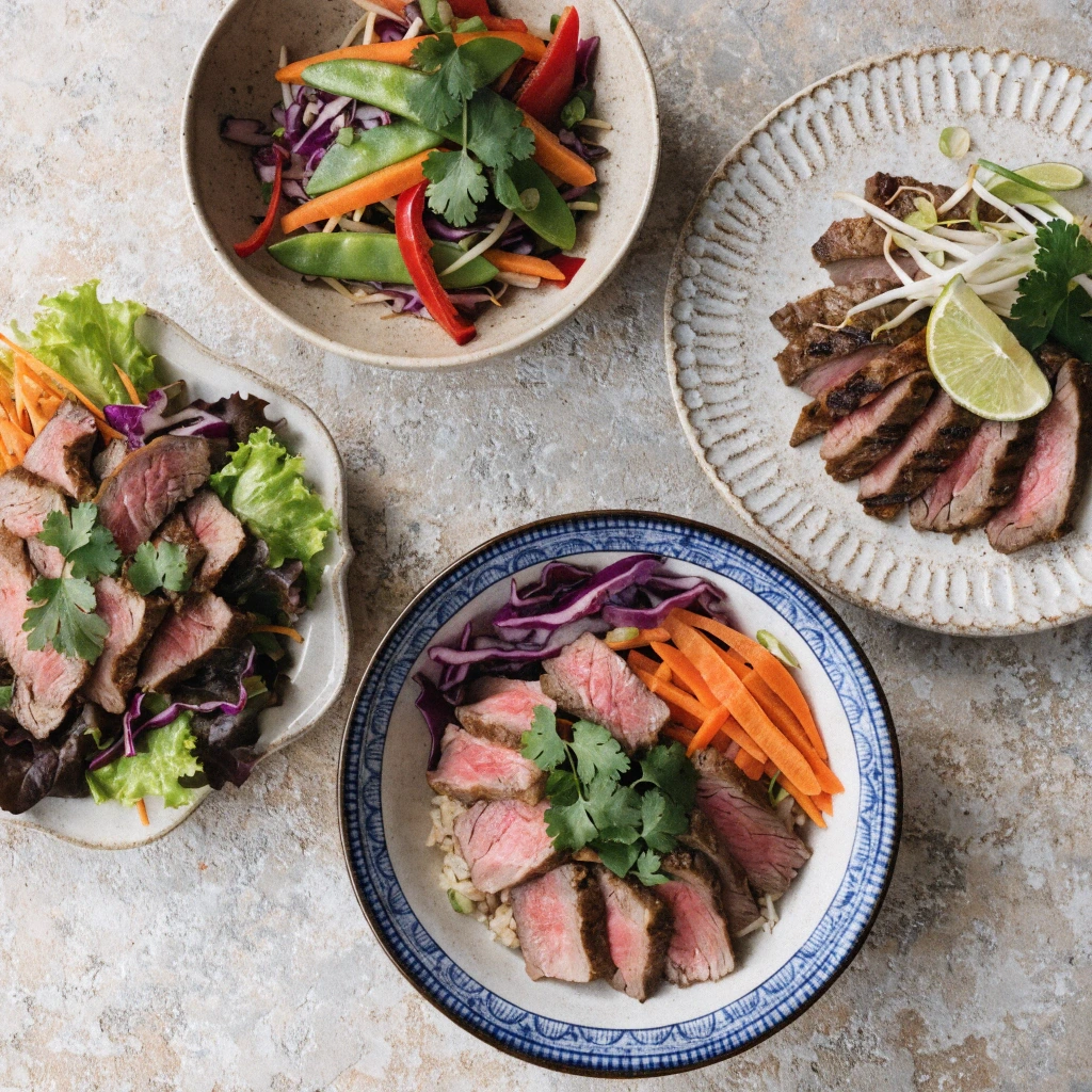 Gluten free thin sliced beef meals with rice bowl stir fry grilled beef and fresh vegetable salad