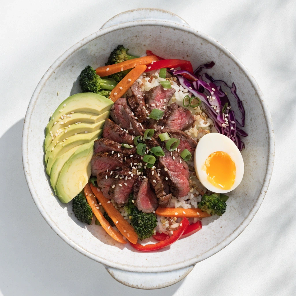 High protein beef bowl with thin sliced steak, rice, avocado, vegetables, and soft boiled egg