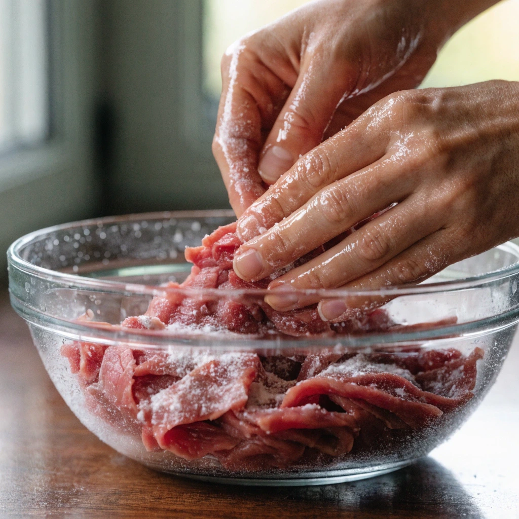 hands mixing thin sliced beef with baking soda for tenderizing in bowl