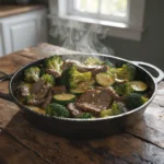 Keto thin sliced beef skillet with broccoli and zucchini cooked in garlic butter