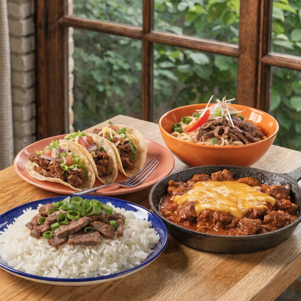 Kid-friendly thin sliced beef meals including beef and rice, cheesy beef skillet, mini tacos, and noodle bowl on a wooden table