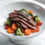 Thin sliced beef served with broccoli, carrots, and bell peppers in a low calorie healthy meal