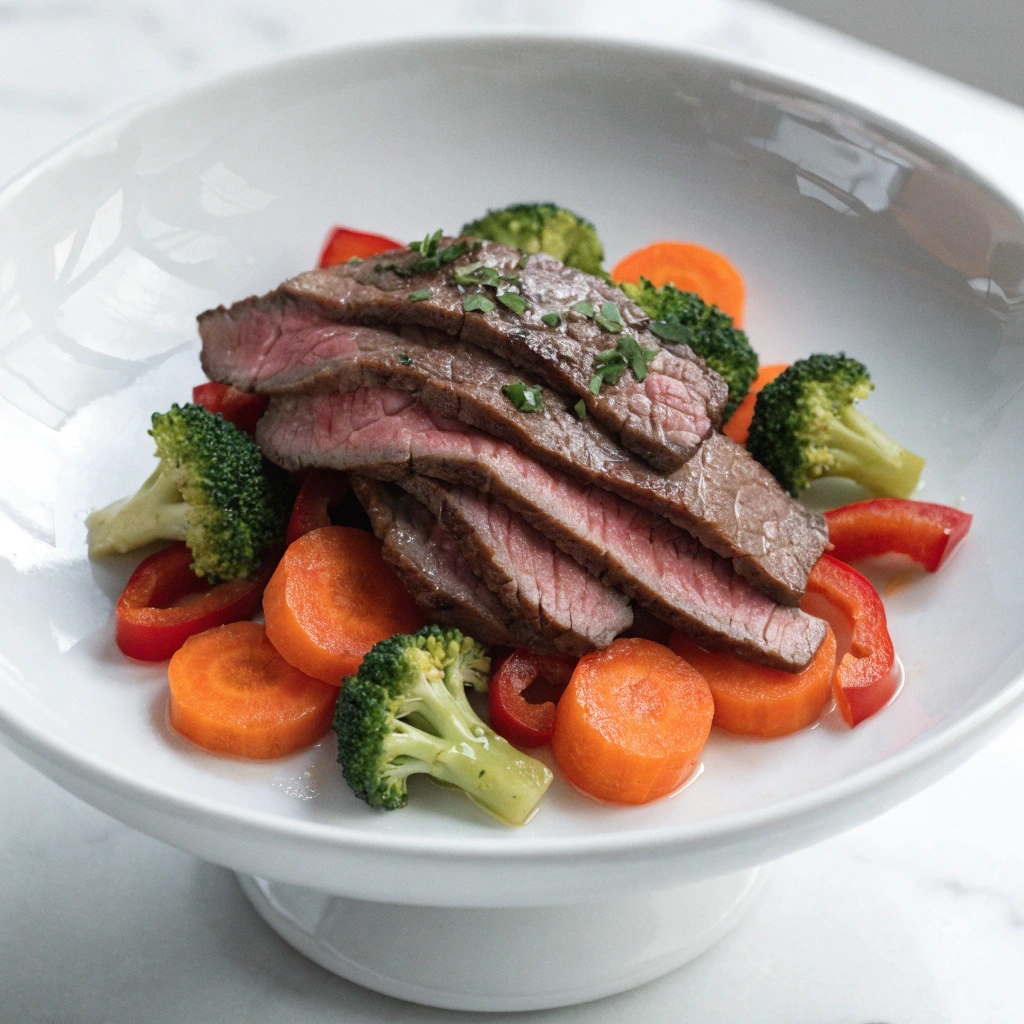 Thin sliced beef served with broccoli, carrots, and bell peppers in a low calorie healthy meal