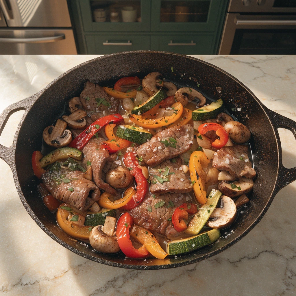 One-Pan Thin Sliced Beef Dinner Ideas peppers zucchini and mushrooms cooked in a skillet