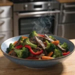 Quick Thin Sliced Beef Dinner Recipes, and red bell peppers in a bowl, freshly cooked and steaming