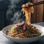 Thin sliced beef noodles stir fry with vegetables, sesame seeds, and steaming noodles lifted by chopsticks