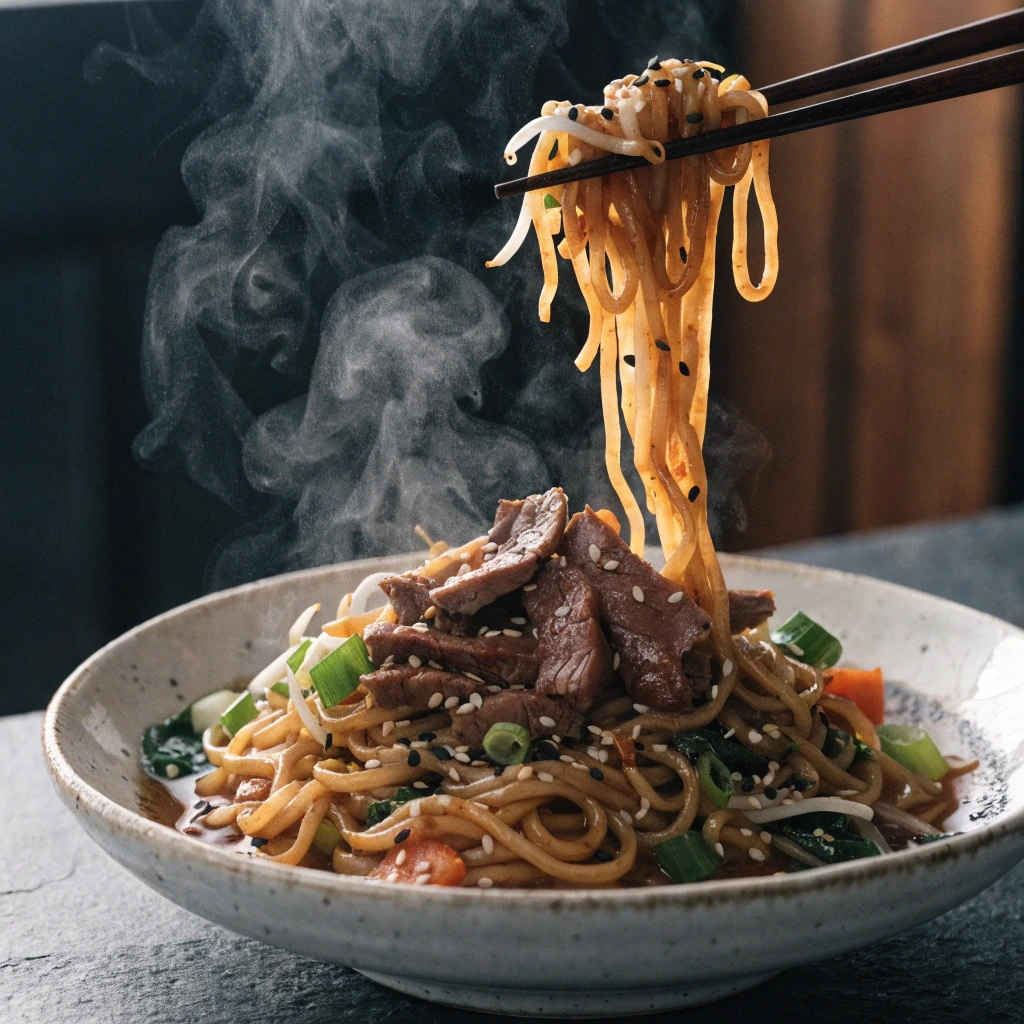 Thin sliced beef noodles stir fry with vegetables, sesame seeds, and steaming noodles lifted by chopsticks