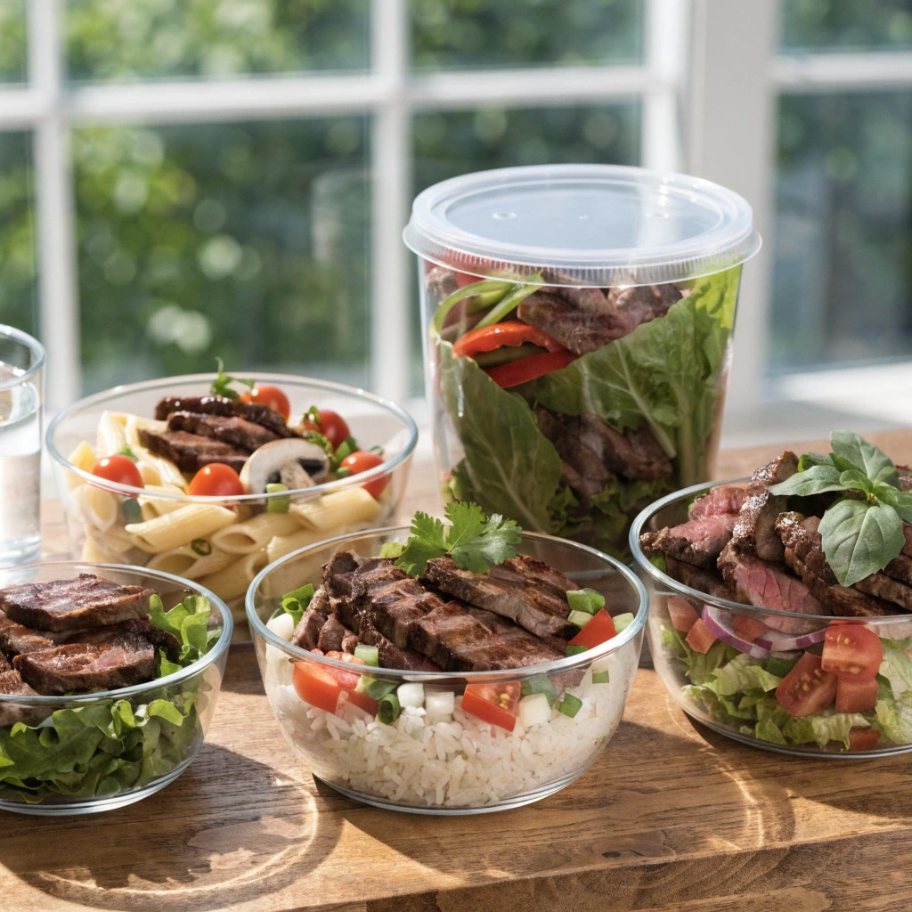 Thin sliced beef meal prep containers with rice bowls, fresh salads, and pasta for easy healthy lunches