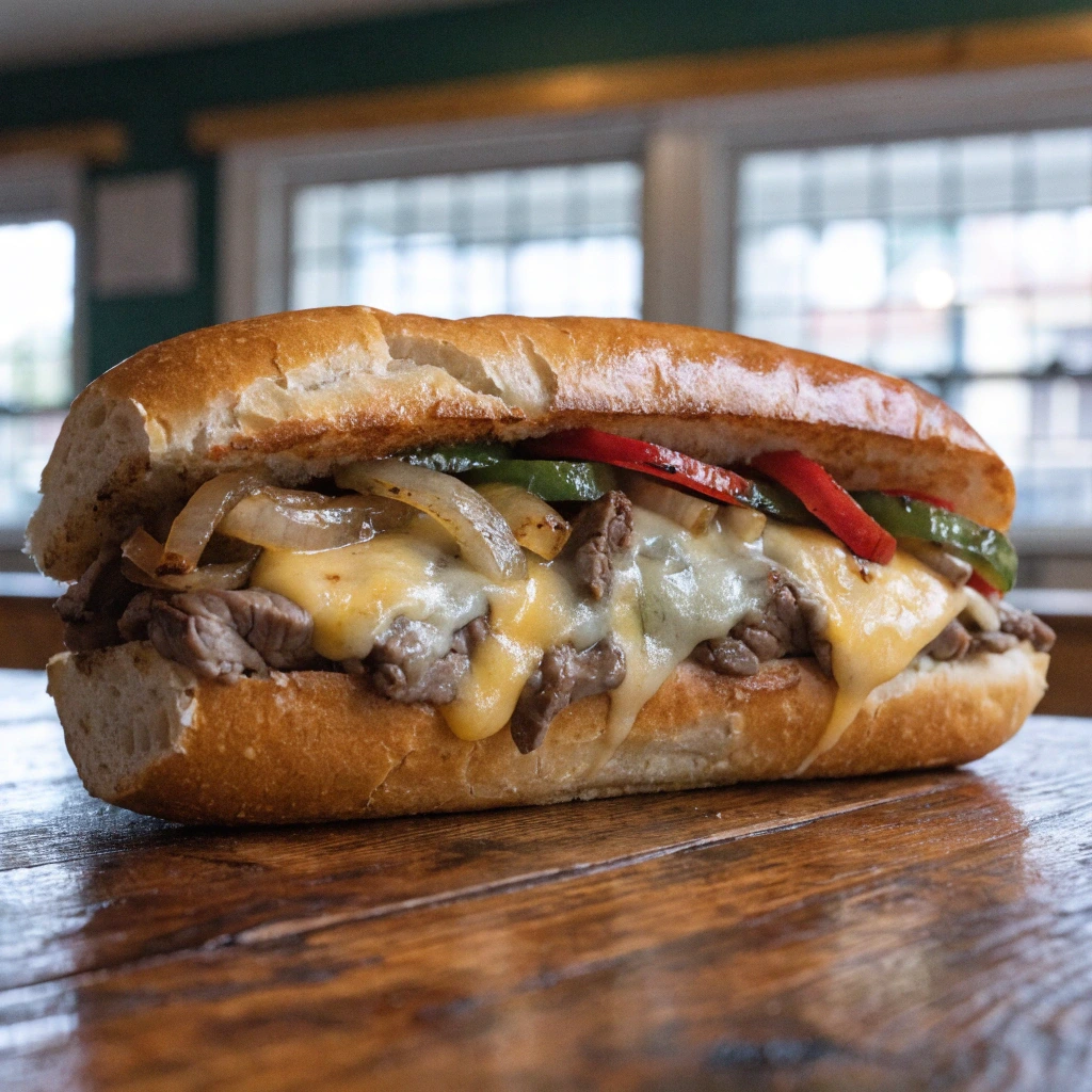 Philly cheesesteak sandwich with thin sliced beef, melted cheese, onions, and peppers in a toasted hoagie roll
