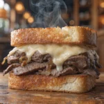 Thin sliced beef sandwich with melted cheese and caramelized onions on toasted bread