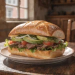 Thin sliced beef torta sandwich with avocado, lettuce, tomato, and onion on crusty bread