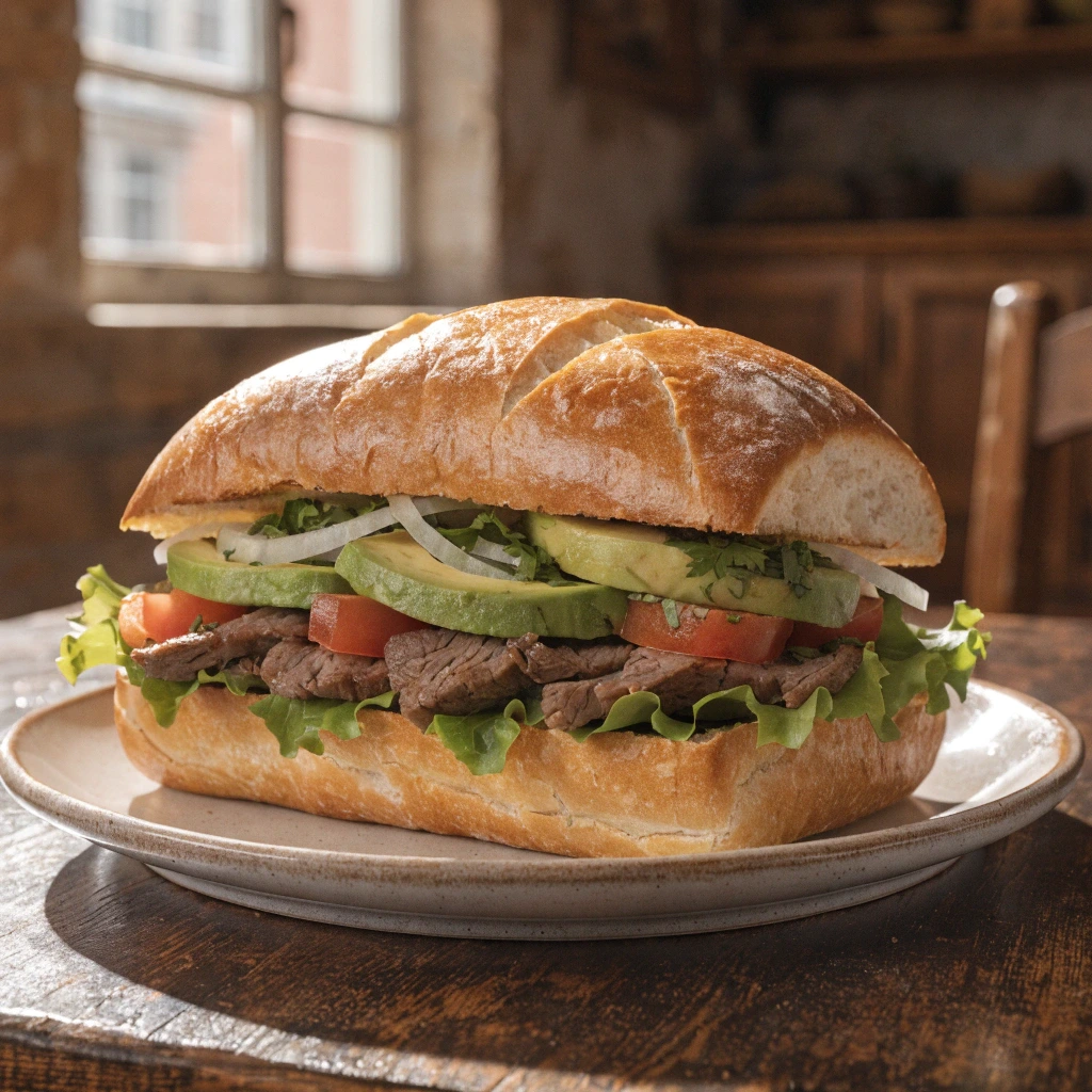 Thin sliced beef torta sandwich with avocado, lettuce, tomato, and onion on crusty bread