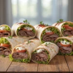 Thin sliced beef wraps with lettuce, tomato, and creamy sauce on a wooden table