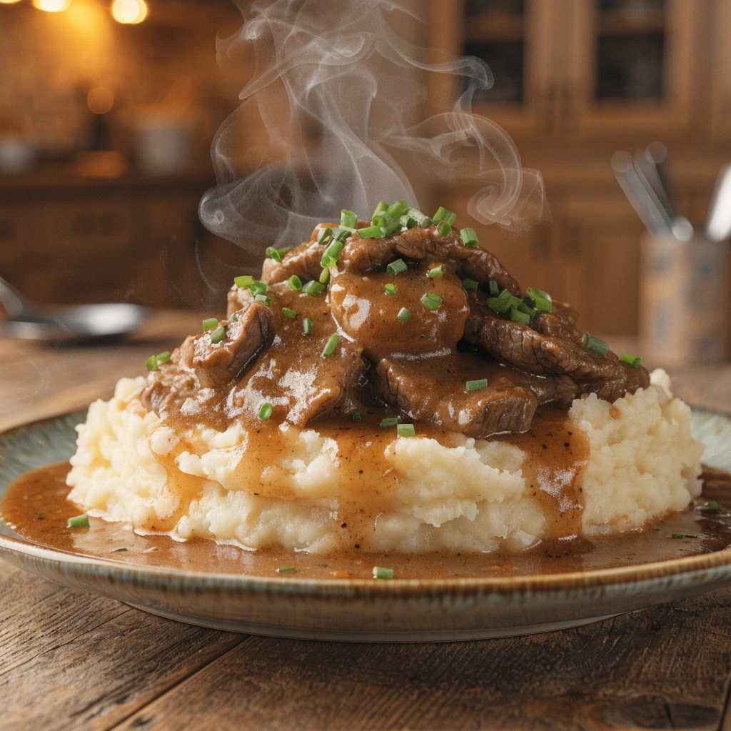 Tender thin sliced beef covered in rich brown gravy served over creamy mashed potatoes with steam rising
