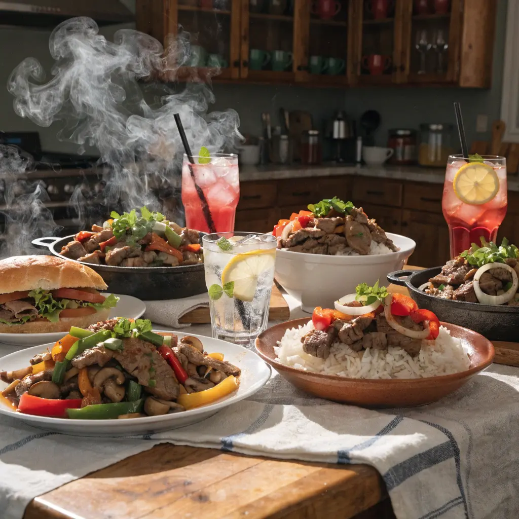 sliced beef recipes including stir fry, sandwiches, rice bowls