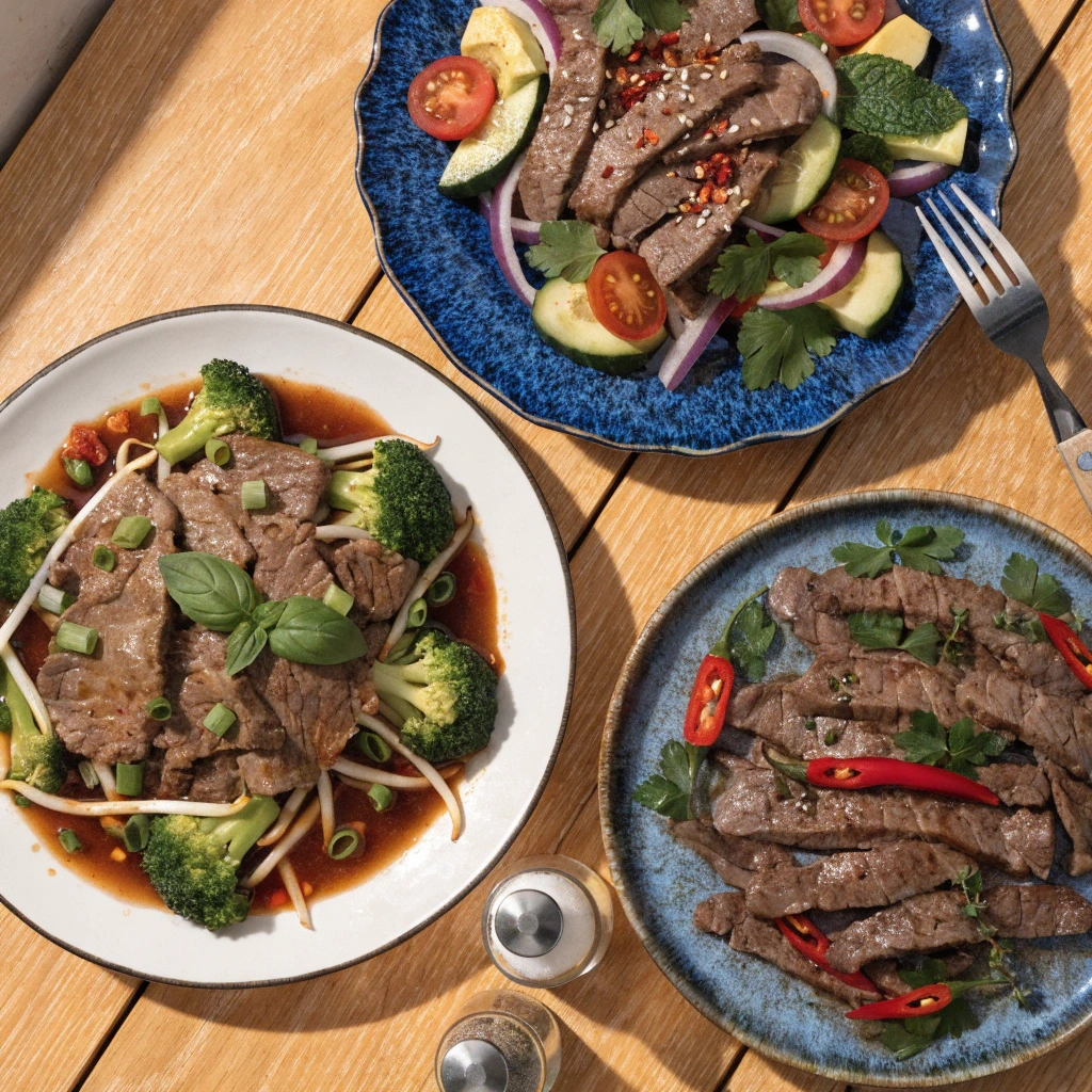 Healthy thin sliced beef recipes served with broccoli, fresh vegetables, and light sauces on plates