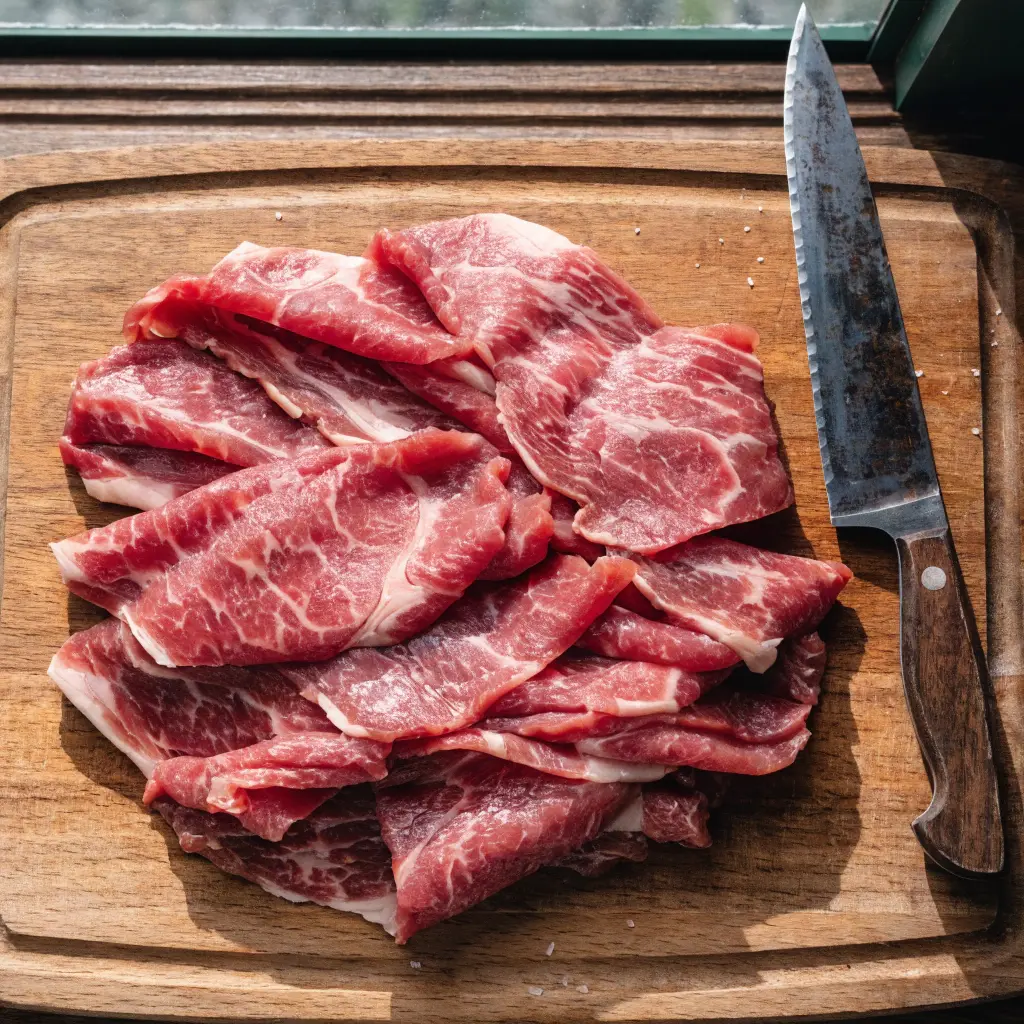 Raw thin sliced beef arranged on a wooden cutting board with a sharp knife, showing marbling and fresh meat texture