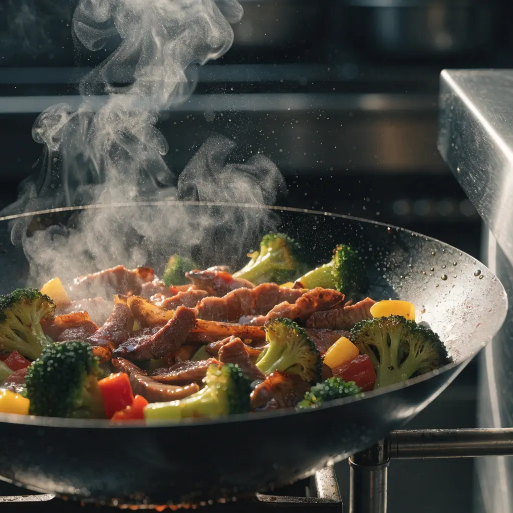How to Cook Thin Sliced Beef in a hot wok with broccoli and bell peppers, tender juicy beef with glossy sauce